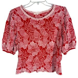 Solitaire Floral Embroidered Blouse Large Red Excellent Puff Sleeve